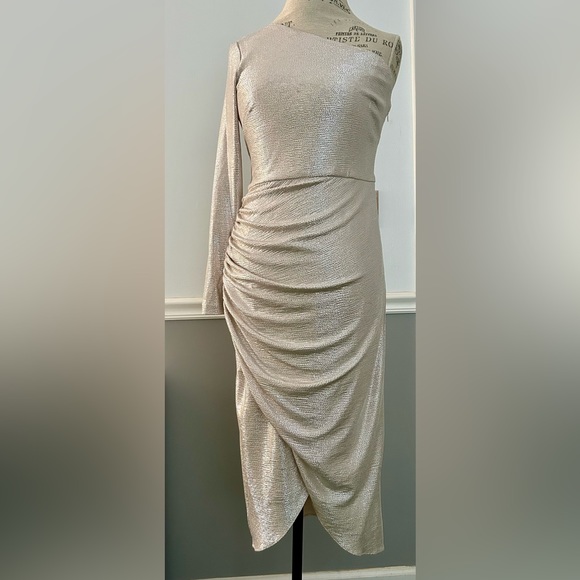Aidan by Aidan Mattox asymmetrical silver foiled jersey dress - Picture 2 of 7